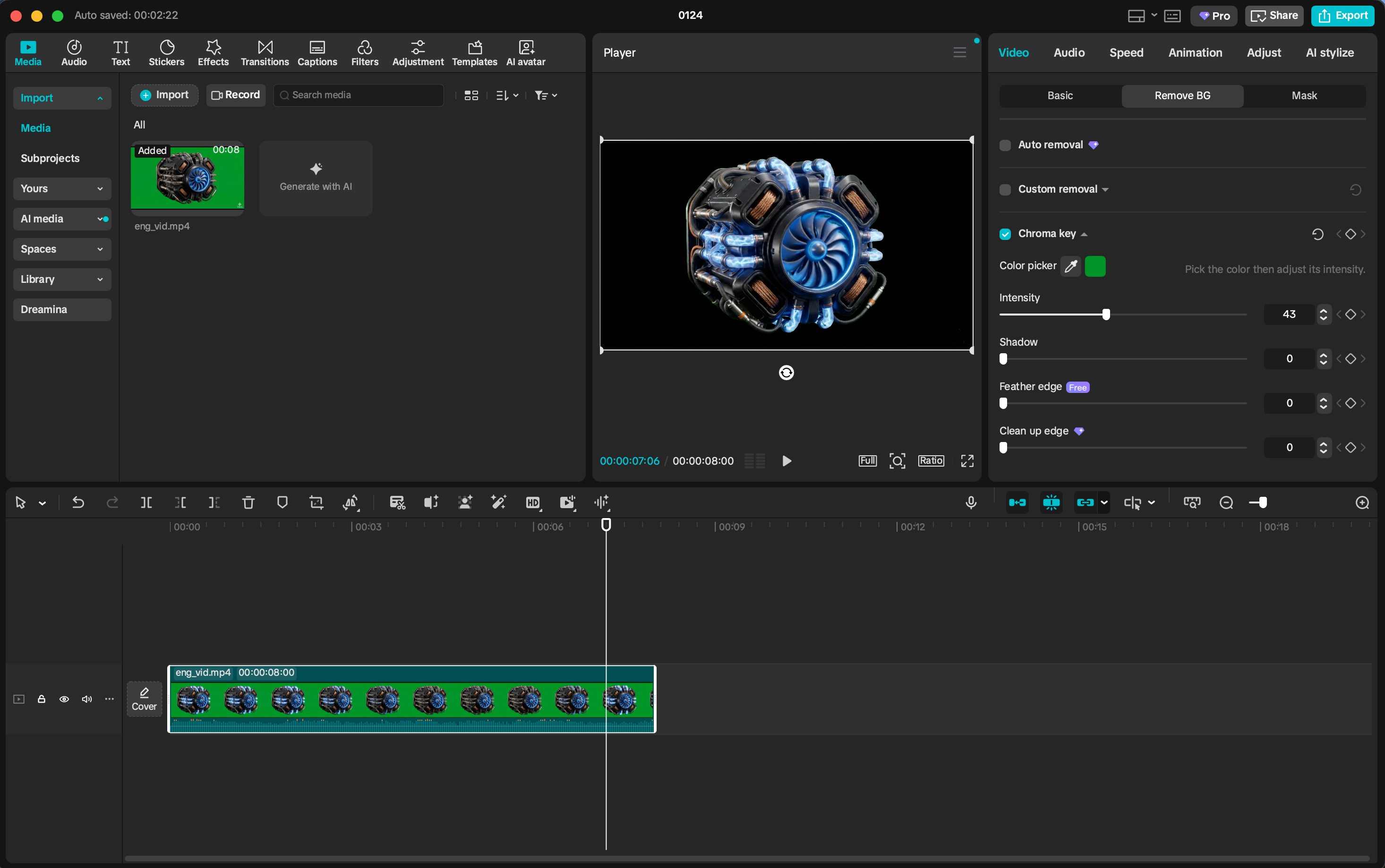 CapCut Chroma Key settings panel showing color picker and intensity controls